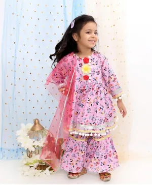 Little Bansi Full Sleeves Flower Print Kurti With Sharara & Dupatta - Lavender Pink