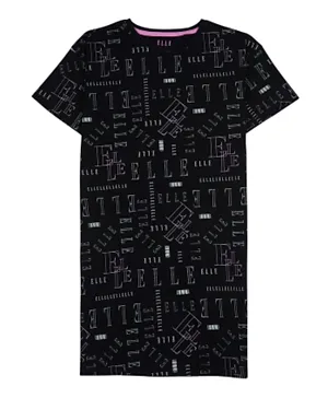Elle Abstract All Over Print T-Shirt Dress - Black