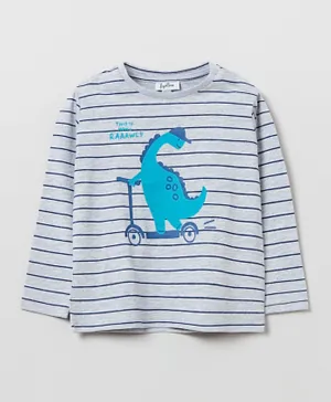 OVS Dinosaur Graphic Striped T-Shirt - Grey