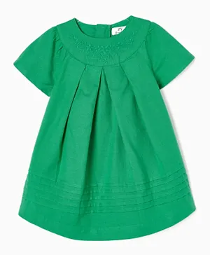 Zippy Flower Embroidered Cotton and Linen Dress - Green