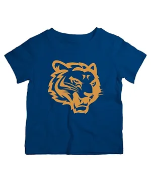 Twinkle Hands Half Sleeves Golden Tiger Print Cotton T-Shirt - Blue