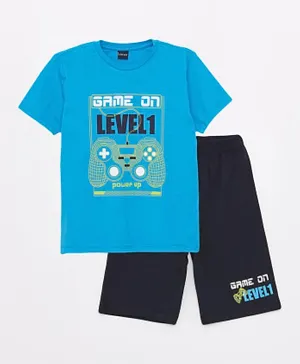 LC Waikiki Game On Graphic Crew Neck T-shirt & Shorts Set - Blue