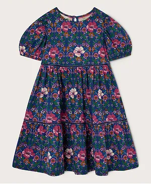Monsoon Children Pansy Print Short Sleeve Jersey Dress - Blue
