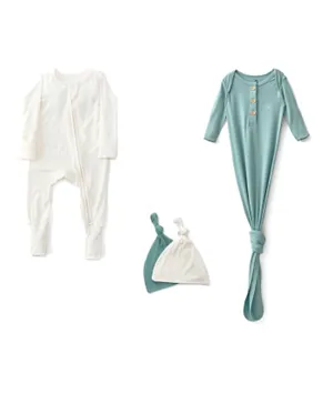 Anvi Baby Zipper Romper & Knotted Gown With 2 Caps - White & Sage
