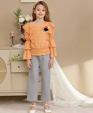 Le Crystal Floral Embellished Top & Pants Set - Orange