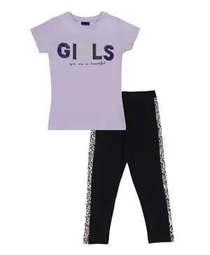 Urbasy Reversible Sequins T-Shirt with Leggings Set - Purple and Black