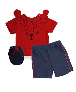Donino Baby Printed Tee with Short Set and Hat - Red