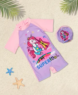 Babyqlo Rockstar Unicorn Printed Swimsuit With Cap - Multicolor