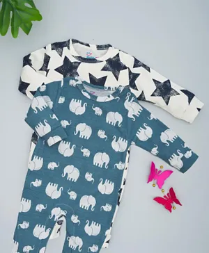 Babyqlo 2 Pack Twinkle & Trunks Printed Pure Cotton Rompers - Blue & White