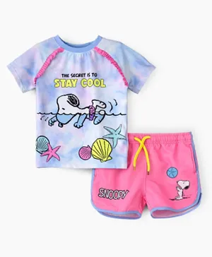 UrbanHaul X Peanuts Snoopy Printed Two Piece Ruffled Swim Set - Pink/Blue