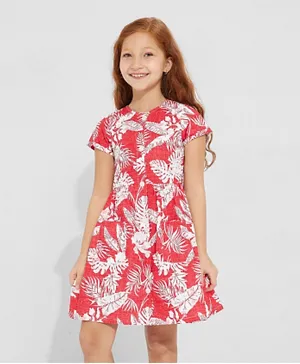 Neon Printed Button Front Dress - Red