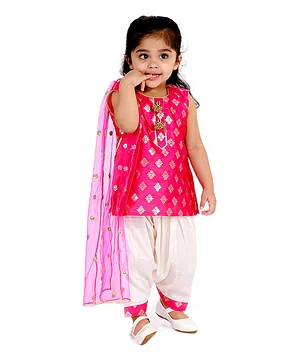 Little Bansi Sleeveless Flower Design Kurta With Salwar & Dupatta - Rani