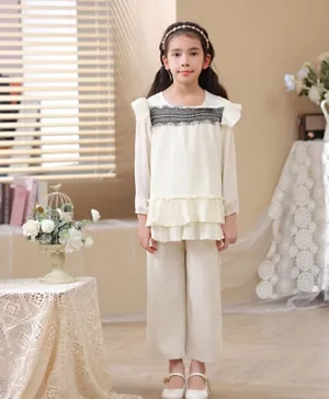Le Crystal Solid Ruffled Tunic Top With Pants Set - White