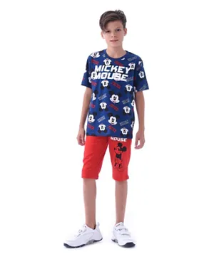 Disney Mickey Mouse Half Sleeves T-Shirt With Shorts - Blue/Red