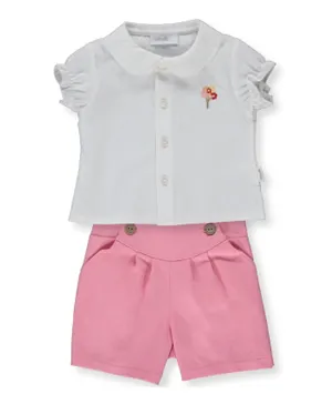 Bebetto Embroidered Top With Shorts Set - White & Pink