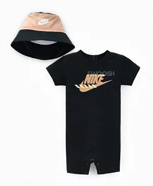 Nike Swoosh Graphic Romper and Bucket Hat Set - Black