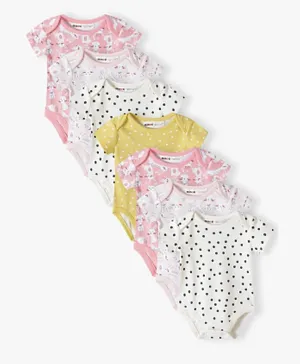 Minoti 7-Pack Cotton All Over Polka Dots & Bunnies Printed Bodysuits - White/Pink/Yellow