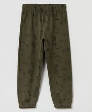 OVS Fleece With Print Joggers - Army Green