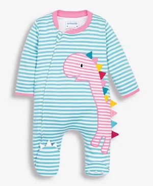 JoJo Maman Bebe Stripe Dino Appliqué Zip Sleepsuit - Blue & Pink