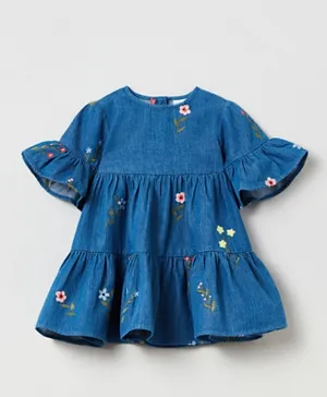 OVS Flower Embroidered Ruffle Detail Dress - Blue