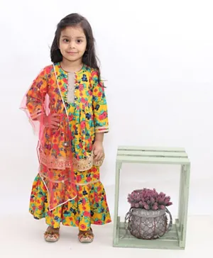 Little Bansi Full Sleeves Floral Print Kurti With Sharara Pants & Dupatta - Yellow
