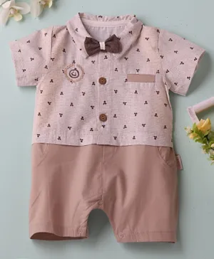 Londony Printed collared Romper with bow for little boys - Brown