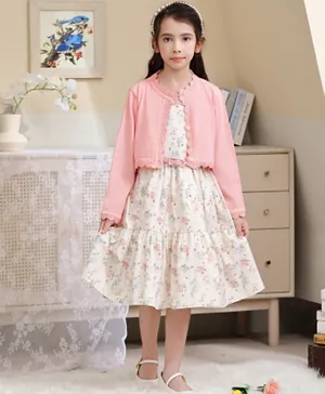 Le Crystal Flower Print Party Dress With Long Sleeve Jacket - Multicolor