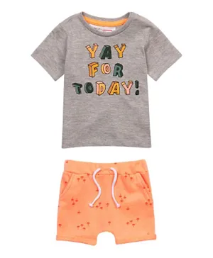 Minoti Graphic T-Shirt & Palm Tree Printed Fleece Shorts Set - Grey & Orange