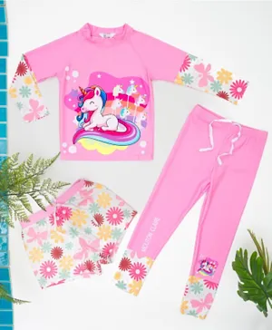 Babyqlo 3-Piece Quick Dry & UPF 50+ Protection Floral & Unicorn Graphic Full Sleeves Swimwear Set - Multicolor
