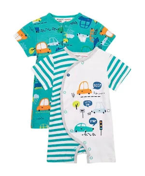 Minoti 2-Pack Cotton All Over Vehicles Print & Striped Rompers - Green/White
