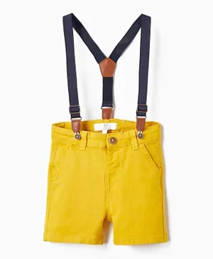 Zippy Cotton Solid Twill Shorts With Suspenders - Yellow