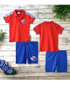 Victor and Jane  Legend Sports Racing Polo T-Shirt & Shorts Set - Red & Blue
