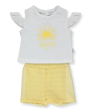 Bebetto Cold Shoulder Top With Shorts Set - White & Yellow