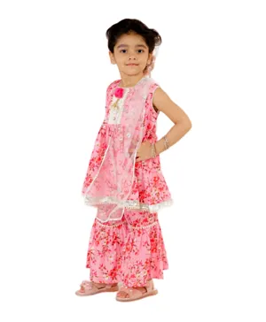 Little Bansi Sleeveless Floral Print Kurta With Sharara & Dupatta - Pink