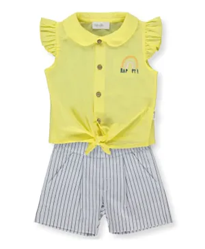 Bebetto Happy Embroidered Top With Shorts Set - Yellow & Grey