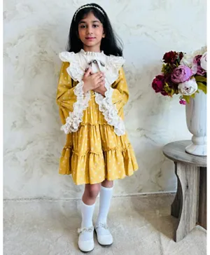 Liba Fashion Nour  Vintage Style Floral Lace Detail Polka Dots High Neck Dress - Yellow