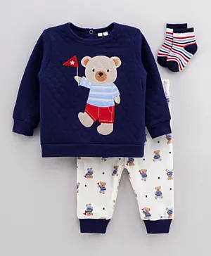 Rock a Bye Baby 3Pc Bear Quilted Top & Joggers Set with Socks - Navy