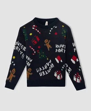 DeFacto Tricot Christmas Sweater - Navy