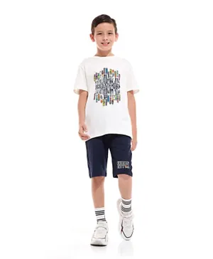 Victor and Jane Cotton Urban City Graphic Short Sleeve T-Shirt & Shorts Set - White & Navy Blue