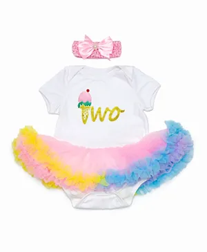 Babyqlo Two Graphic Birthday Tutu Dress with Headband - Multicolor