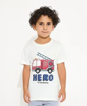 Victor and Jane Cotton Fire Engine Graphic T-Shirt - White