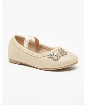 Flora Bella by Shoexpress Butterfly Embellished Round Toe Ballerinas with Elasticised Strap - Beige