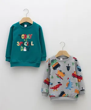 LC Waikiki 2 Pack Today Is A Special Day Graphic & Dinosaurs AOP Sweatshirts - Aqua Green & Grey