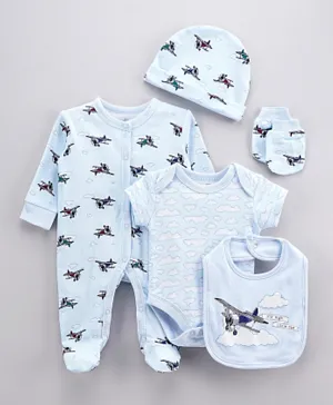 Rock a Bye Baby Vintage Planes Sleepsuit, Body, Hat, Bib, Mitts And Giftset - Blue