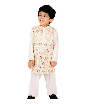 Little Bansi Full Sleeves Embroidery Lining Kurta With Pyjama - Cream