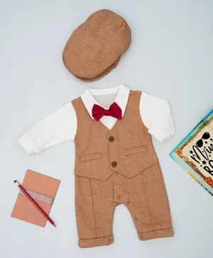 Babyqlo Classic Gentleman's Bow Detailed Solid Romper Set With Matching Cap - Brown & White