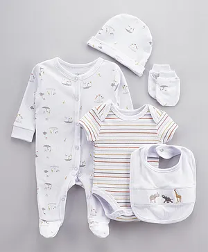 Rock a Bye Baby Bunny Serengeti Sleepsuit with Bodysuit & Hat Bib Mitts And Giftbag Set - Multicolor