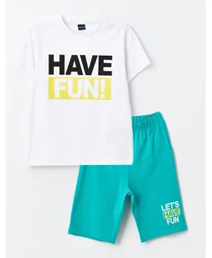 LC Waikiki Have Fun Graphic Crew Neck T-shirt & Shorts Set - White & Blue