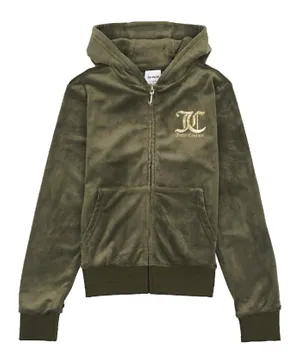 Juicy Couture Graphic Velour Zip Through Hoodie - Olive Green