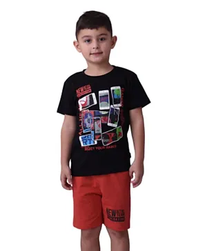 Victor and Jane Cotton Sports Graphic T-Shirt & Shorts Set - Black/Red